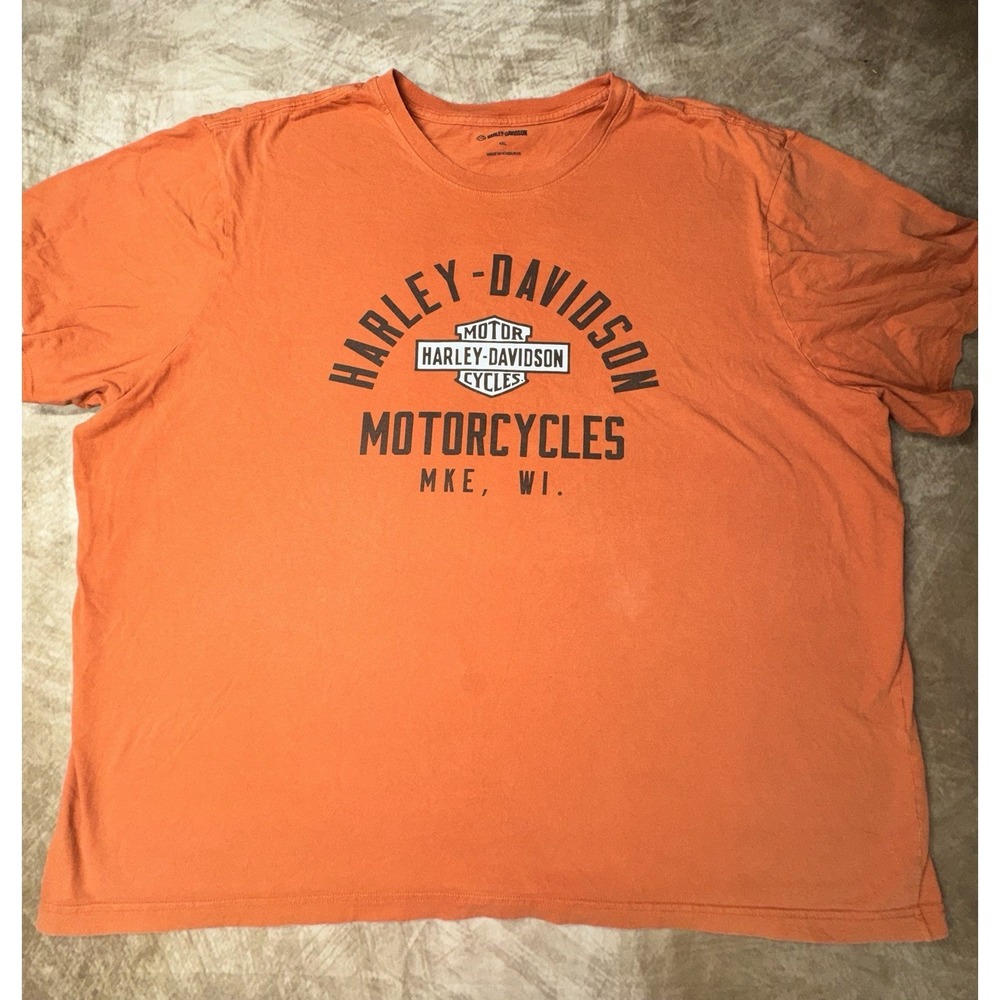 Harley Davidson Shirt Men 4XL Orange Casual Cotton Crewneck Biker Tee Wisconsin